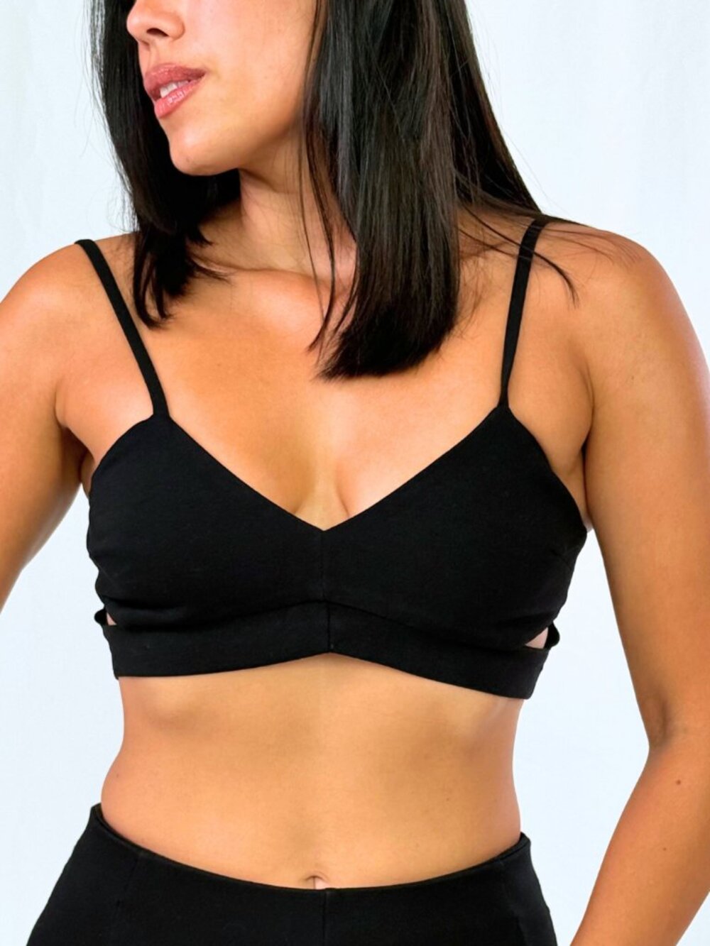 Seven Black Ribbed Bralette Crop Top | V-Neck Strappy Back | M